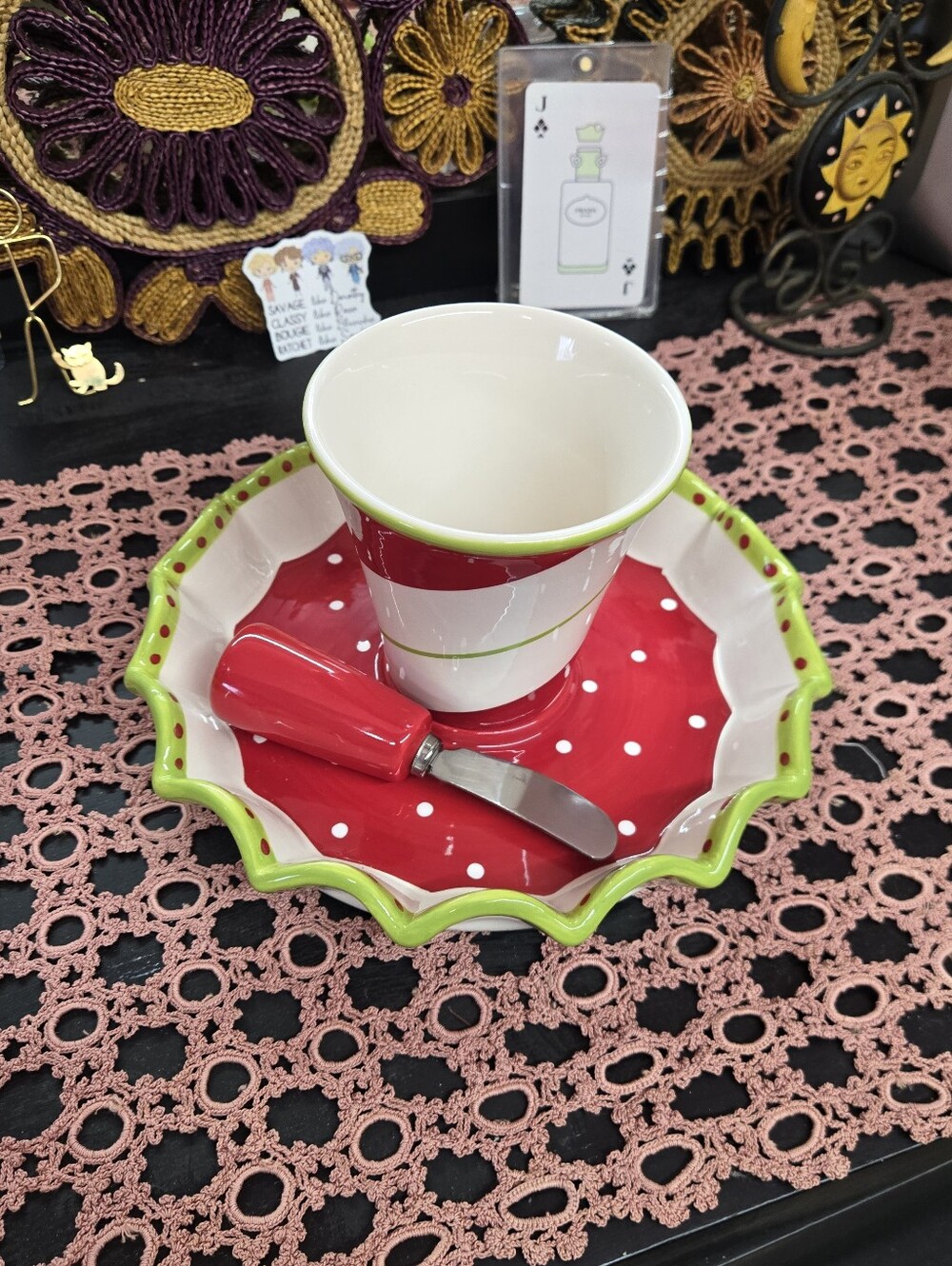 Celebratung Home Christmas Ceramic Red & Green Polka Dot Dip Bowl with Spreader
